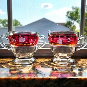 1950s Bartlett Collins ART DECO Open Sugar Bowl & Creamer Set Cranberry